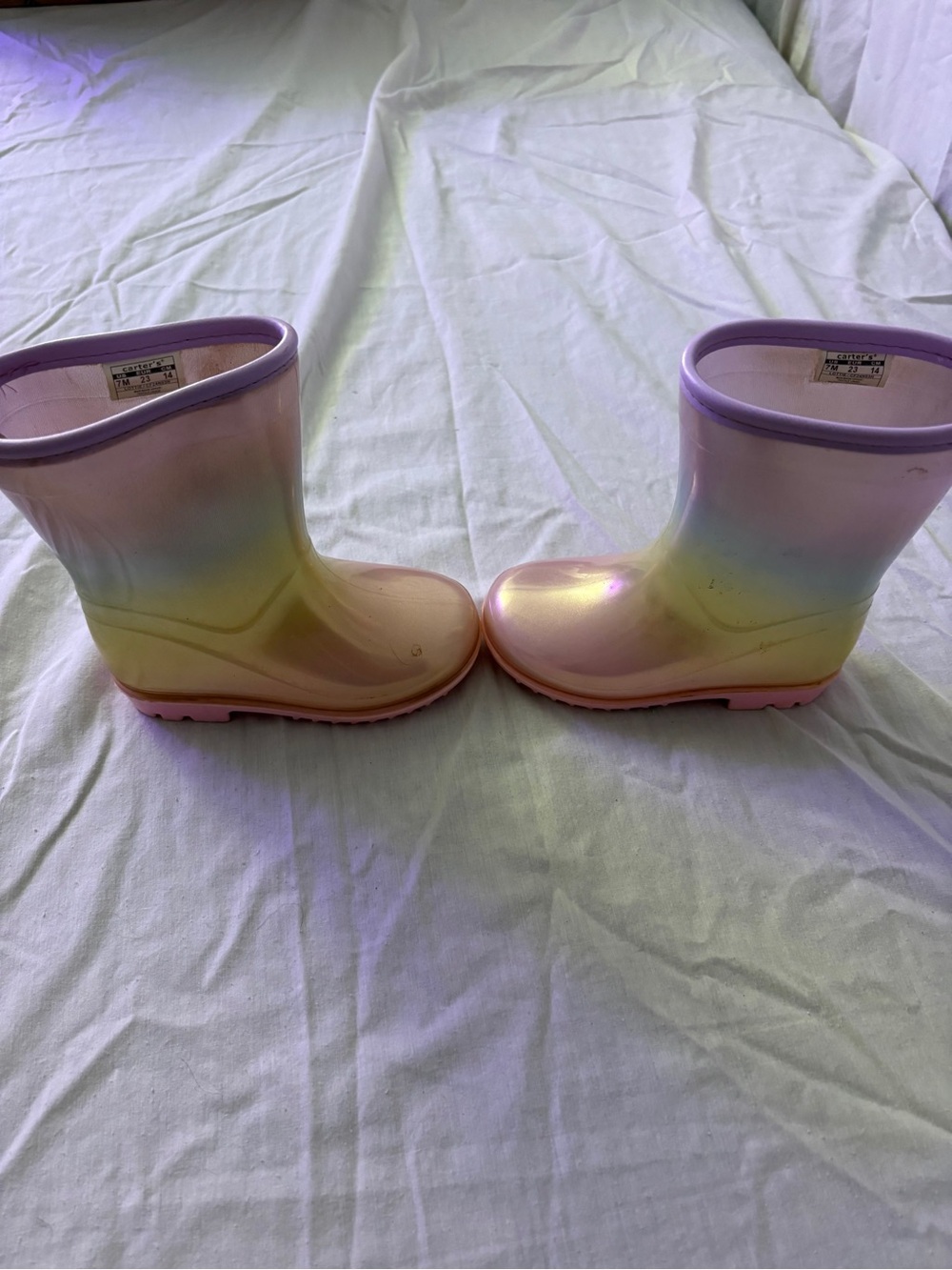 Carter's Pastel Rainbow Glossy Kids Rain Boots in Pink, Purple, Yellow